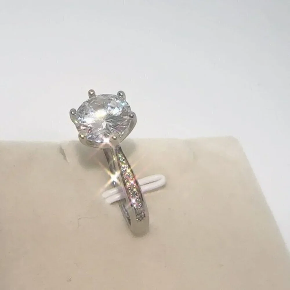 Silver Ring Diamond Simulant Wedding Adjustable Size 6 to 8